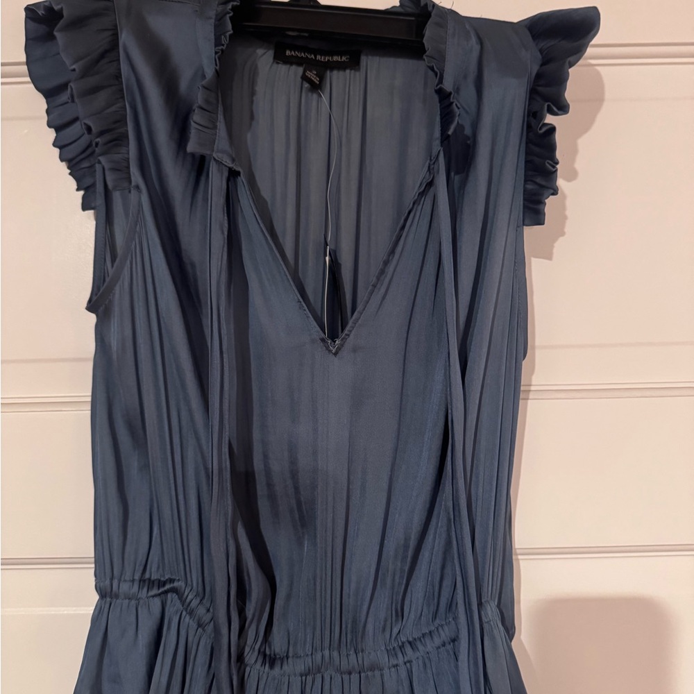 Banana Republic New With Tags Satin Tie Neck Dusk Blue Maxi Dress Size 2 - Picture 6 of 6